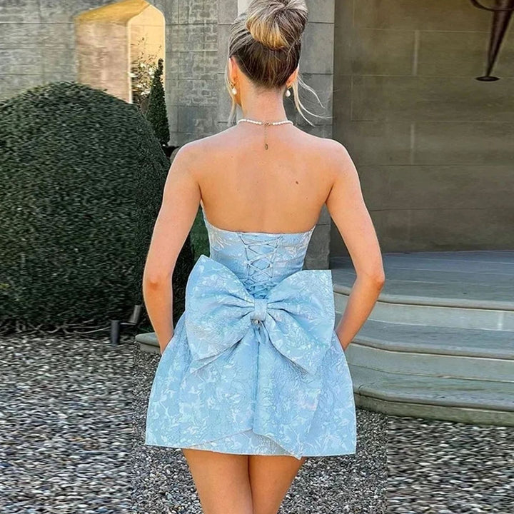 Fall Wedding Guest Dress with Strapless Jacquard in Sky Blue