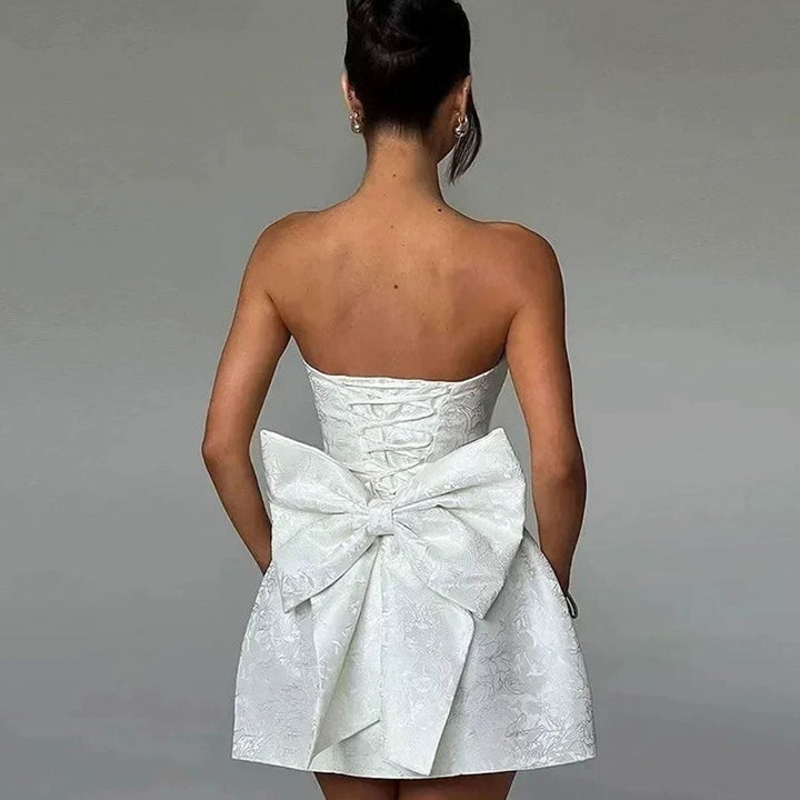 Fall Wedding Guest Dress with Strapless Jacquard in White