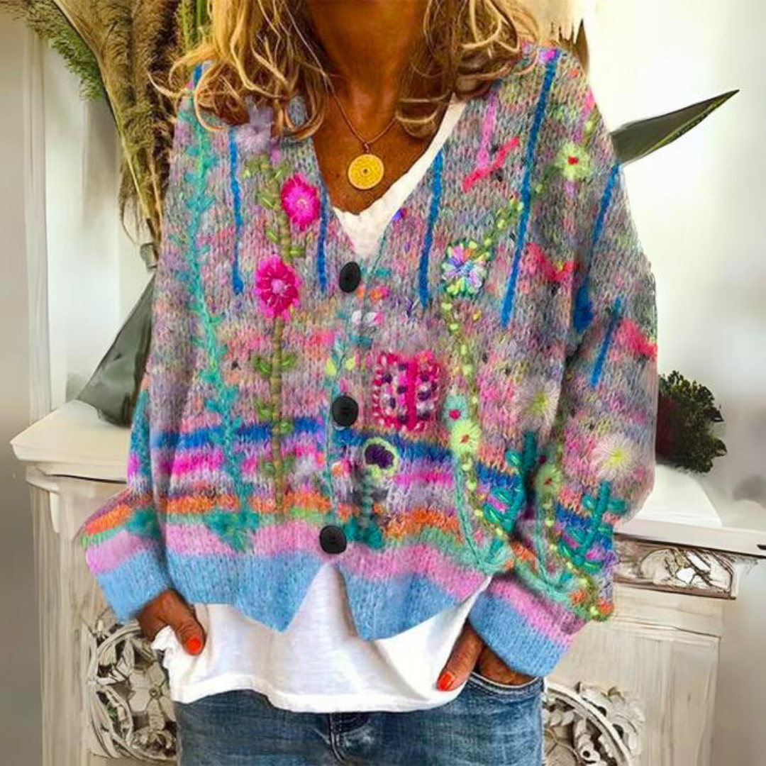 Floral Embroidered Knit Sweater for Women in Blue