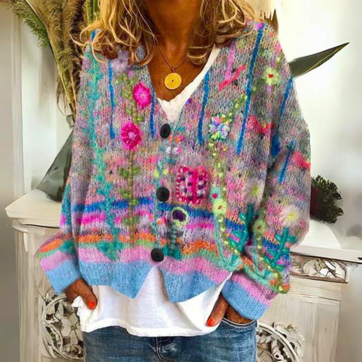 Floral Embroidered Knit Sweater for Women in Blue