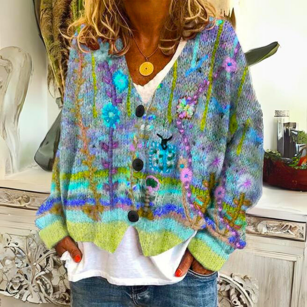 Floral Embroidered Knit Sweater for Women in Green