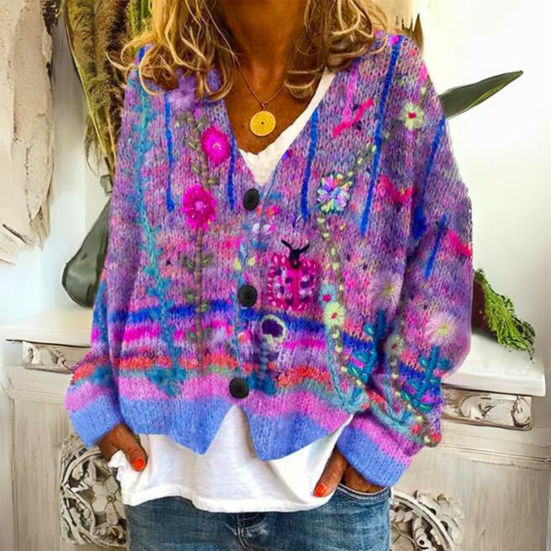 Floral Embroidered Knit Sweater for Women in Purple