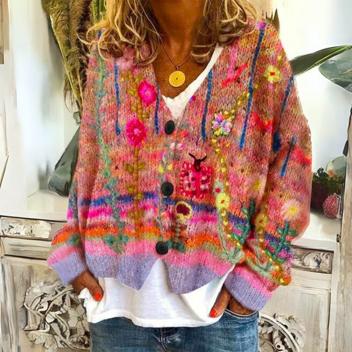 Floral Embroidered Knit Sweater for Women in Red