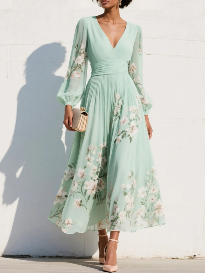 Floral Midi Cocktail Dress with Flutter Sleeves in Green 1