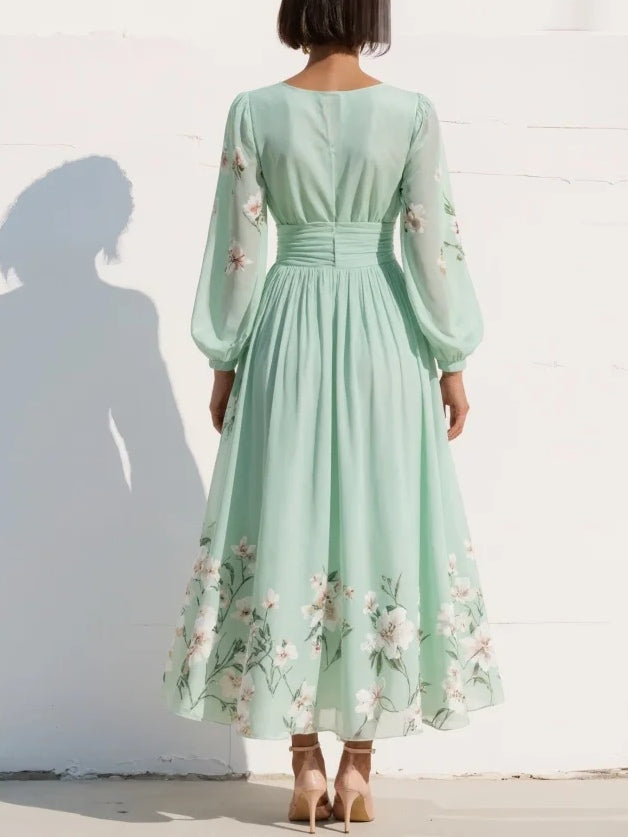 Floral Midi Cocktail Dress with Flutter Sleeves in Green 2