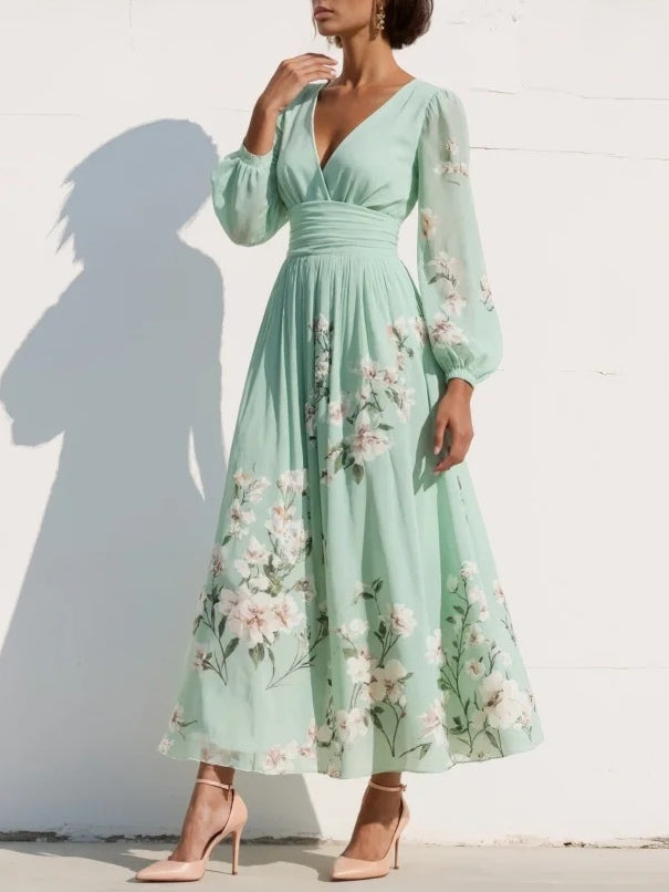 Floral Midi Cocktail Dress with Flutter Sleeves in Green 3
