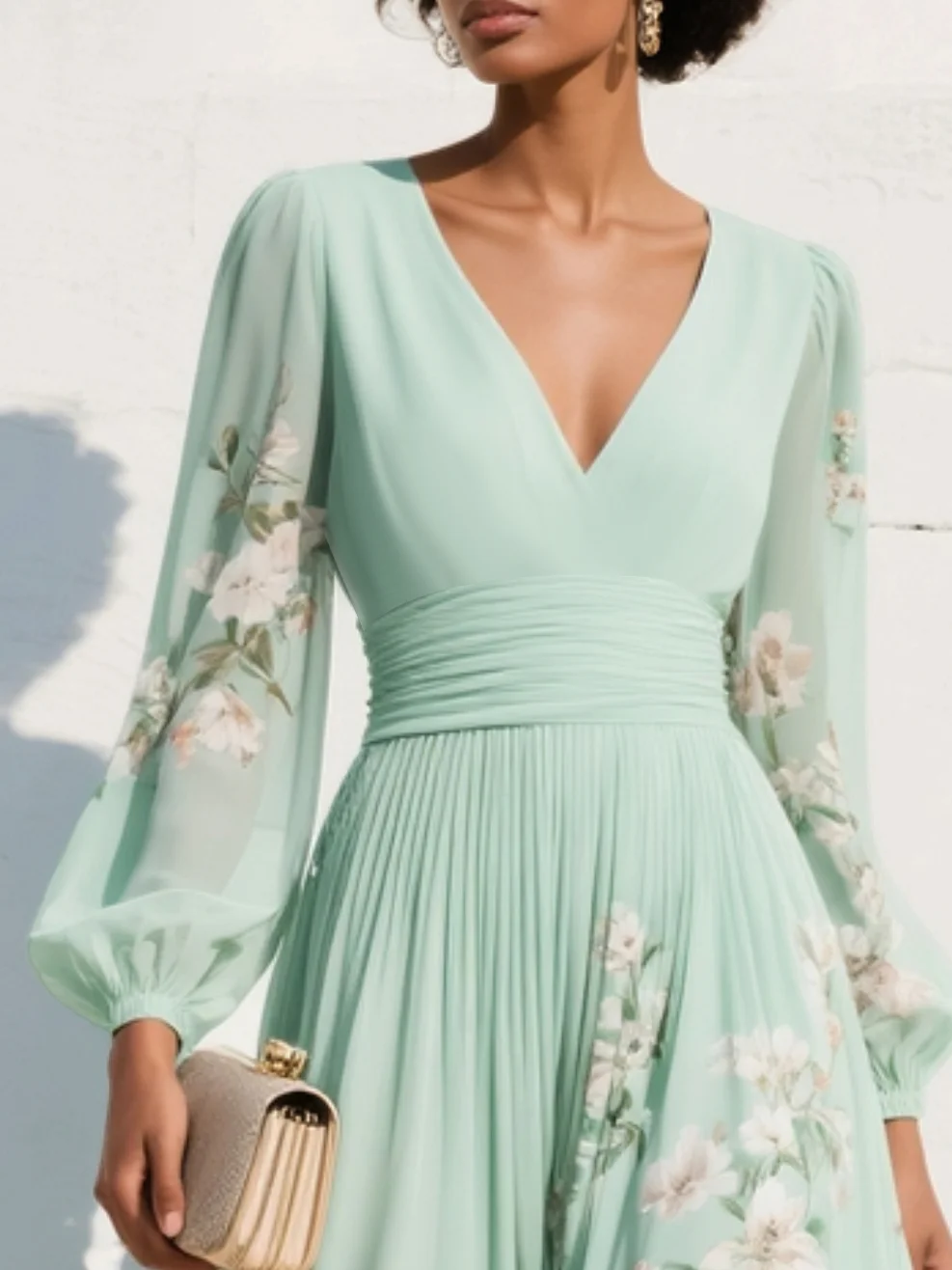 Floral Midi Cocktail Dress with Flutter Sleeves in Green 4