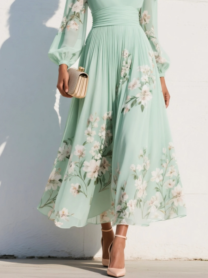 Floral Midi Cocktail Dress with Flutter Sleeves in Green 5