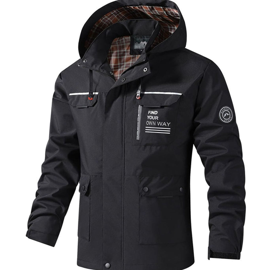 Hooded Men's Fall Jacket with Multiple Pockets in Black