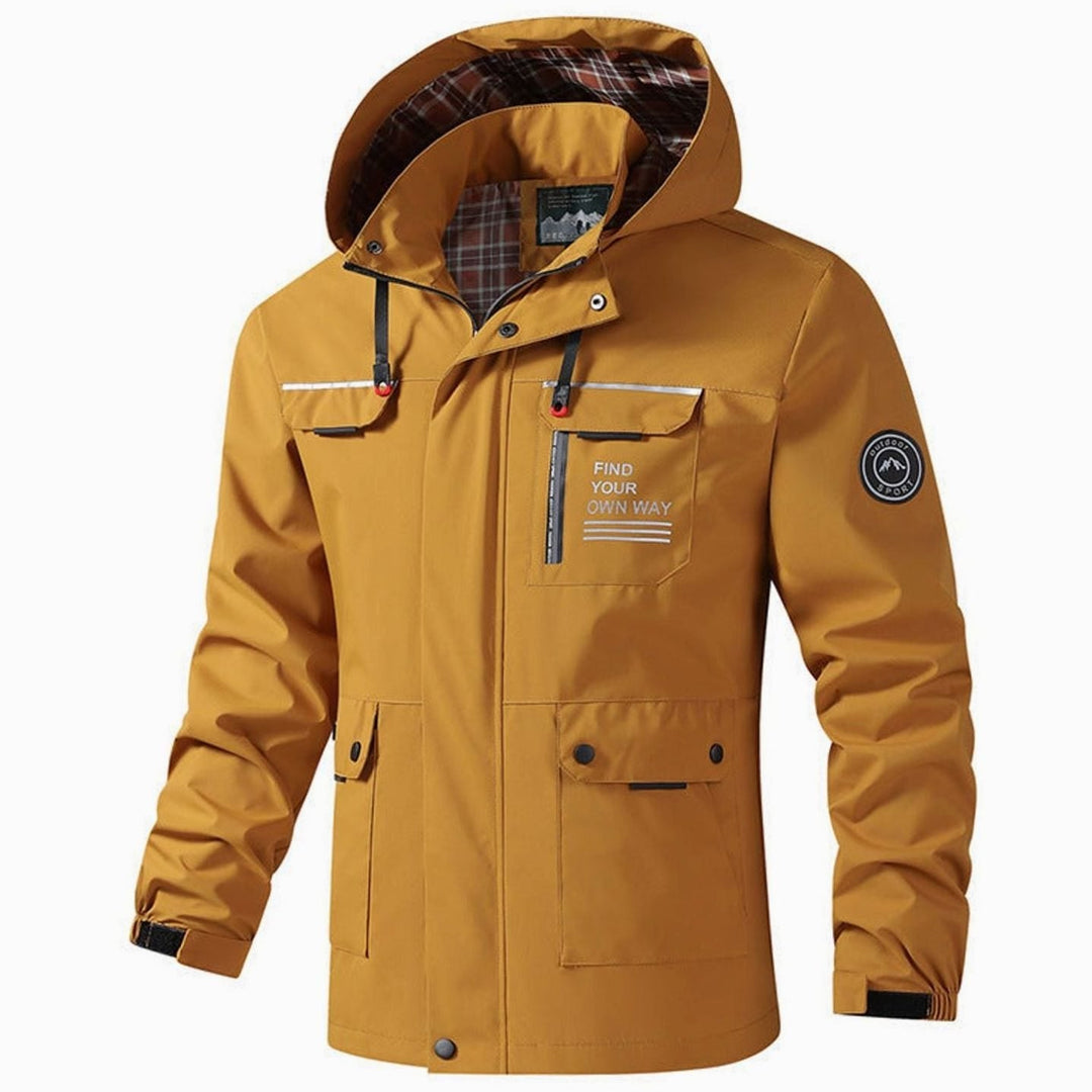 Hooded Men's Fall Jacket with Multiple Pockets in Mosterdgeel