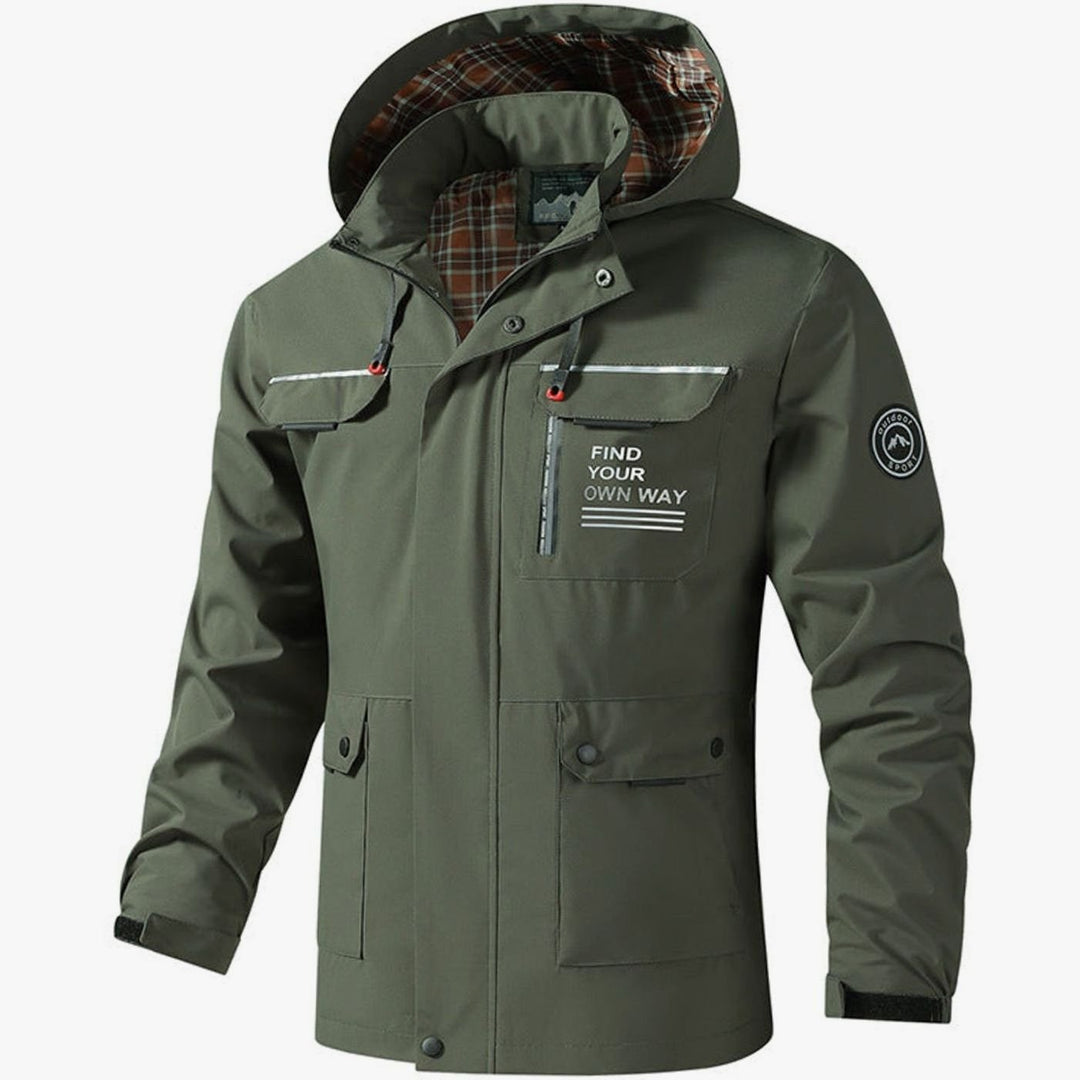 Hooded Men's Fall Jacket with Multiple Pockets in Olijfgroen