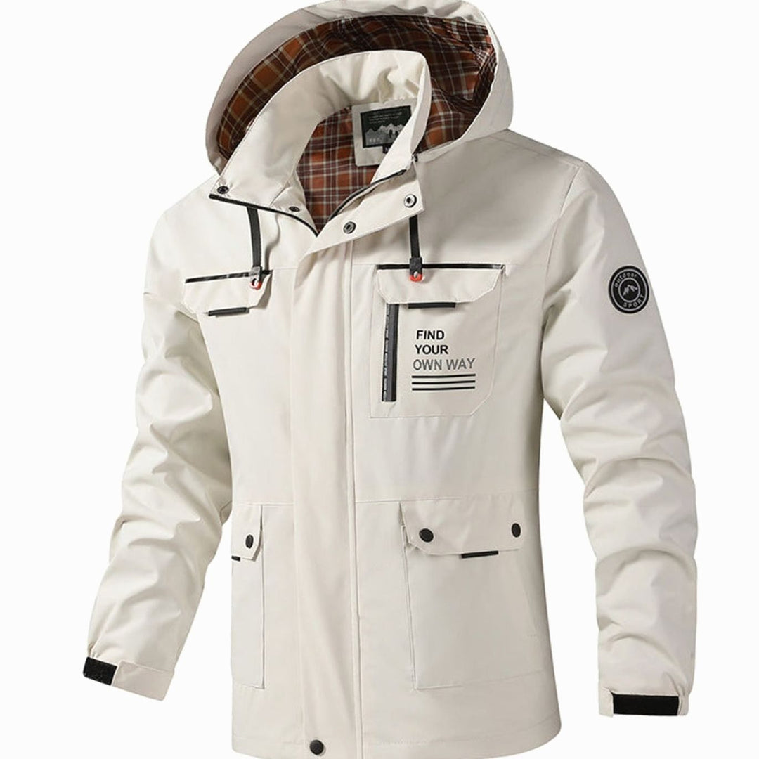 Hooded Men's Fall Jacket with Multiple Pockets in White