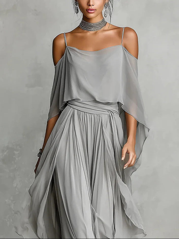Isabela | Fluid gray set with spaghetti strap top and lightweight pants