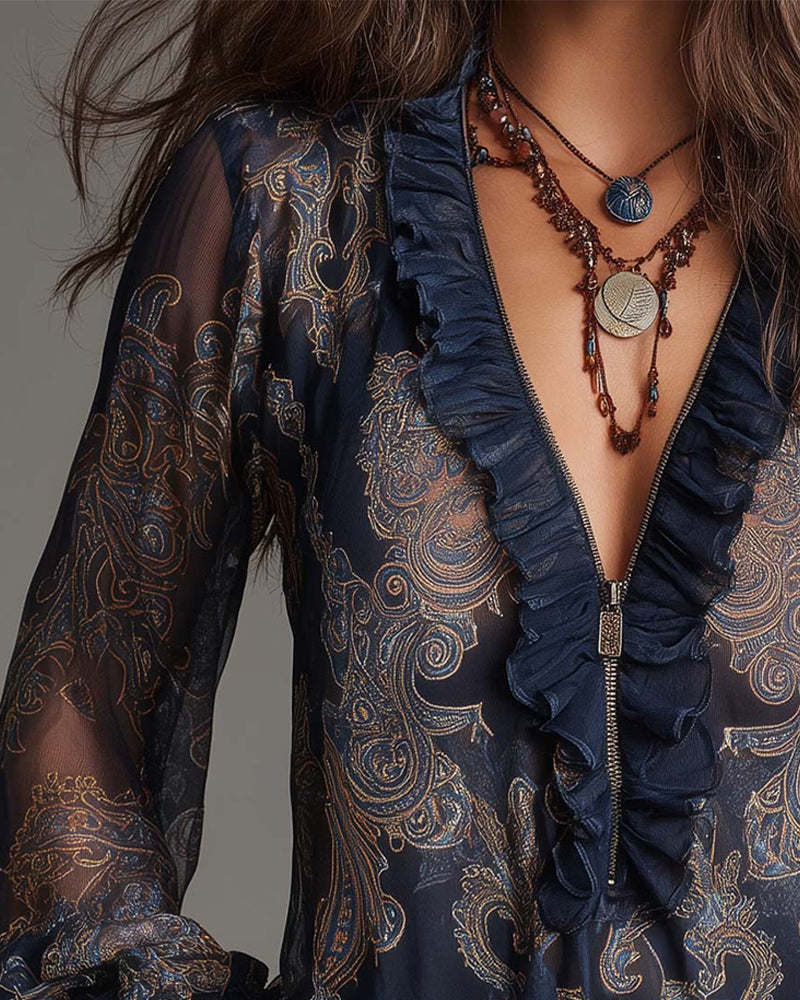 Katie™ | Elegant Half-Zip Blouse with Ruffles