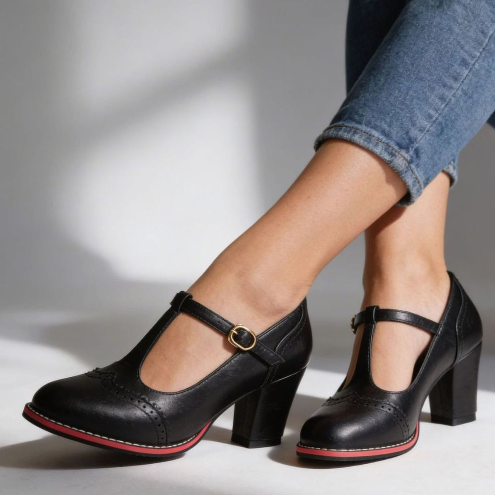 Leather Flats for Women, T-Bar Block Pumps (2)