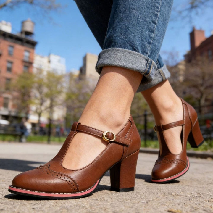 Leather Flats for Women, T-Bar Block Pumps (3)