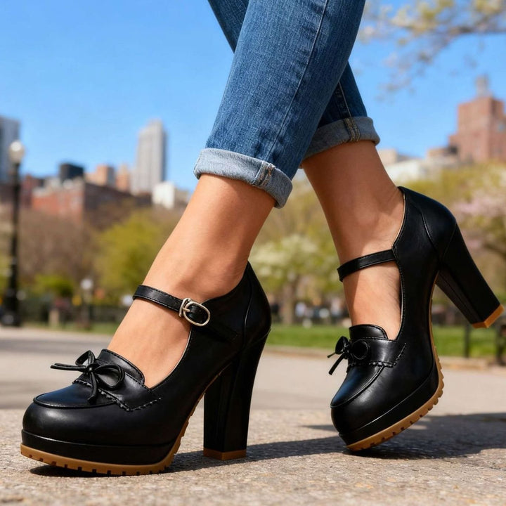 Leather Flats for Women with Block Heel