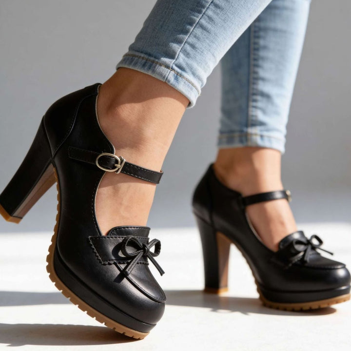 Leather Flats for Women with Block Heel in Black