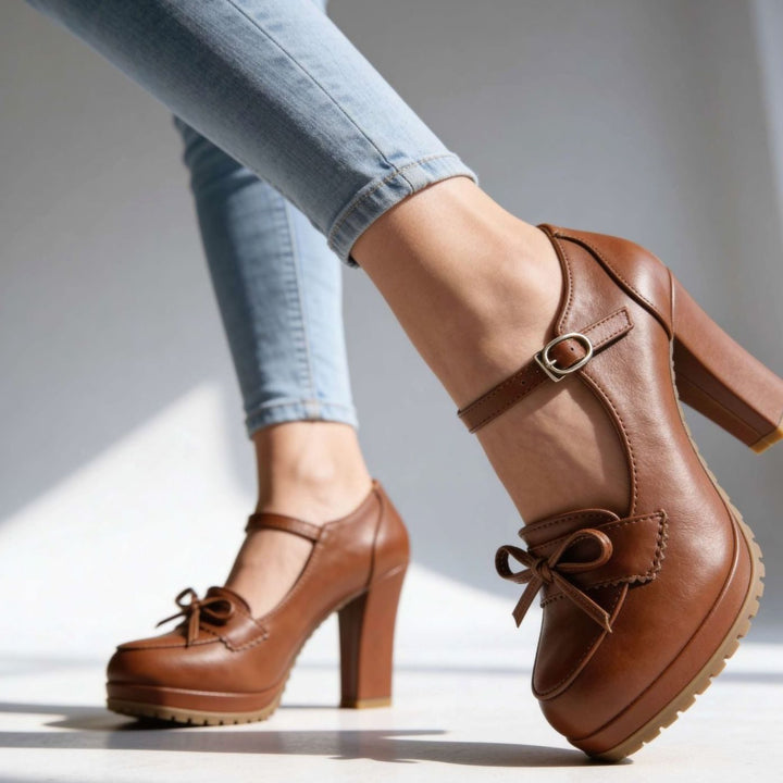 Leather Flats for Women with Block Heel in Brown