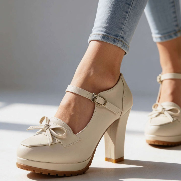 Leather Flats for Women with Block Heel in Cream