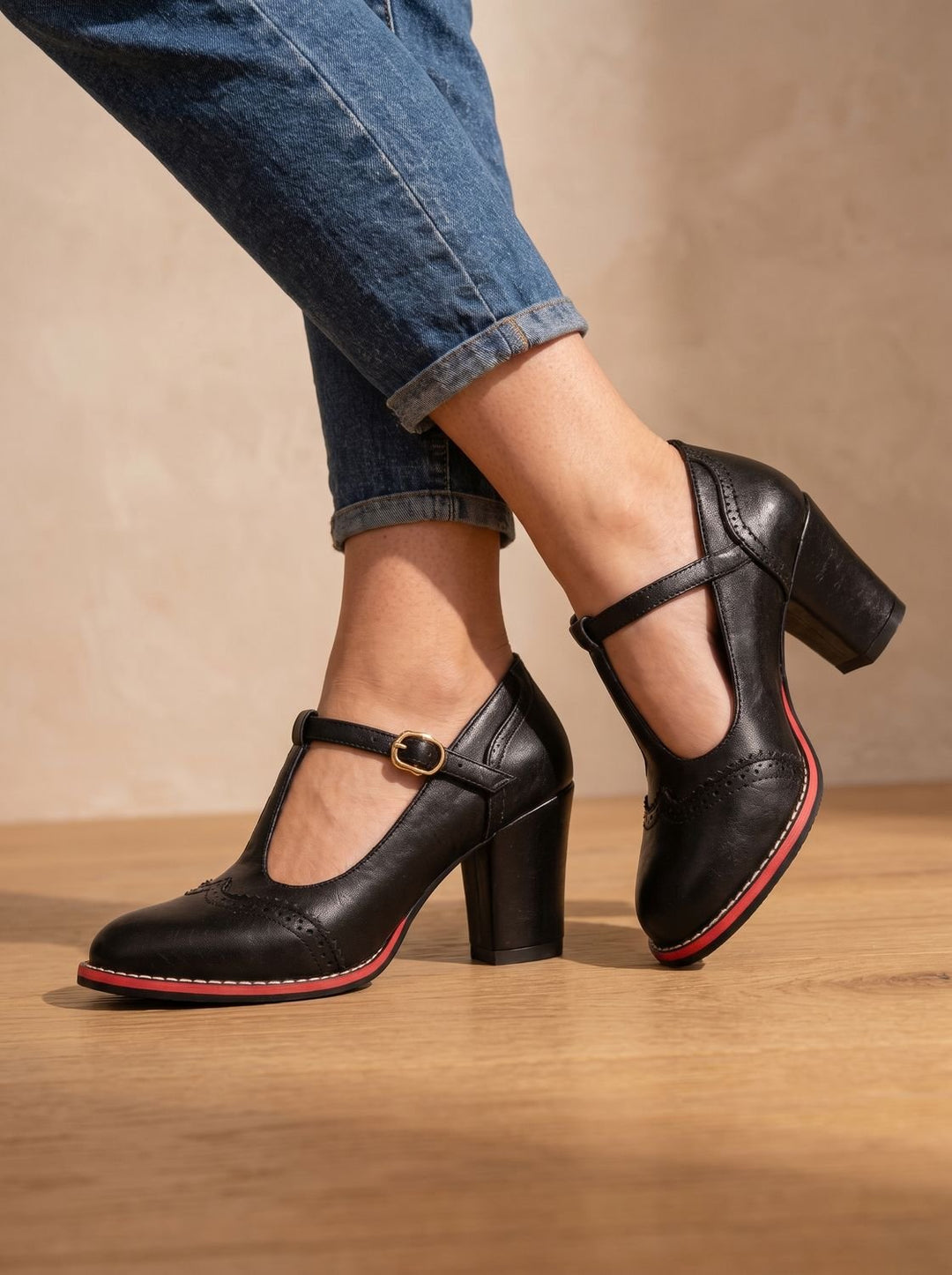 Leather Flats Women's T-Bar Brogue Pumps in Black 1