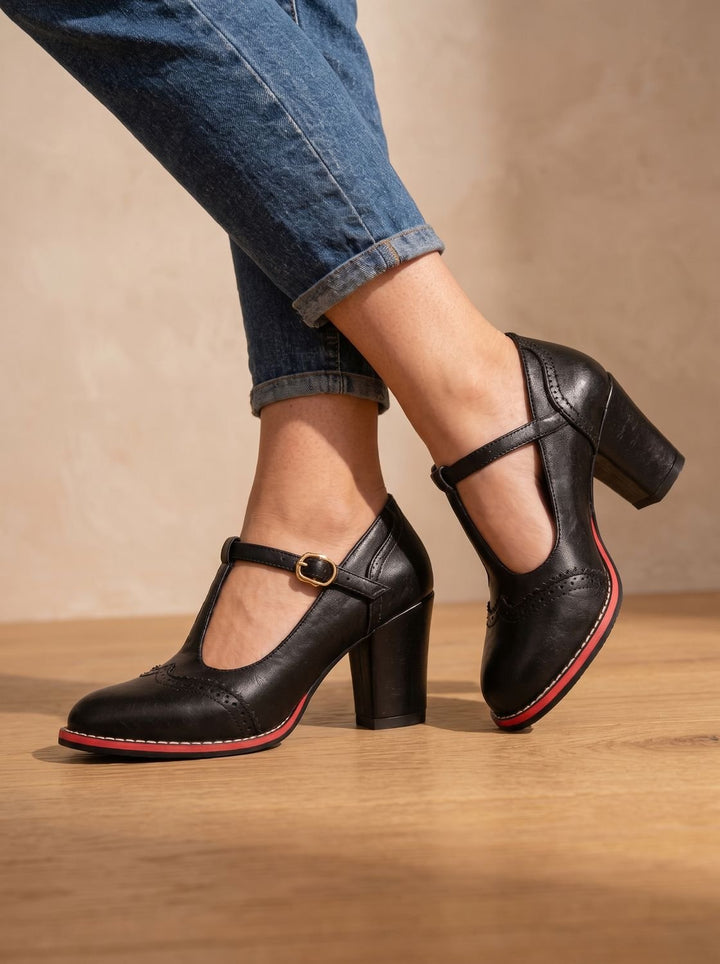 Leather Flats Women's T-Bar Brogue Pumps in Black 1