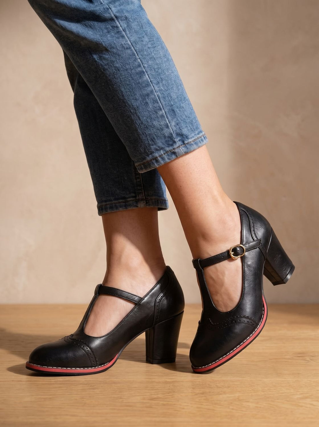 Leather Flats Women's T-Bar Brogue Pumps in Black 2