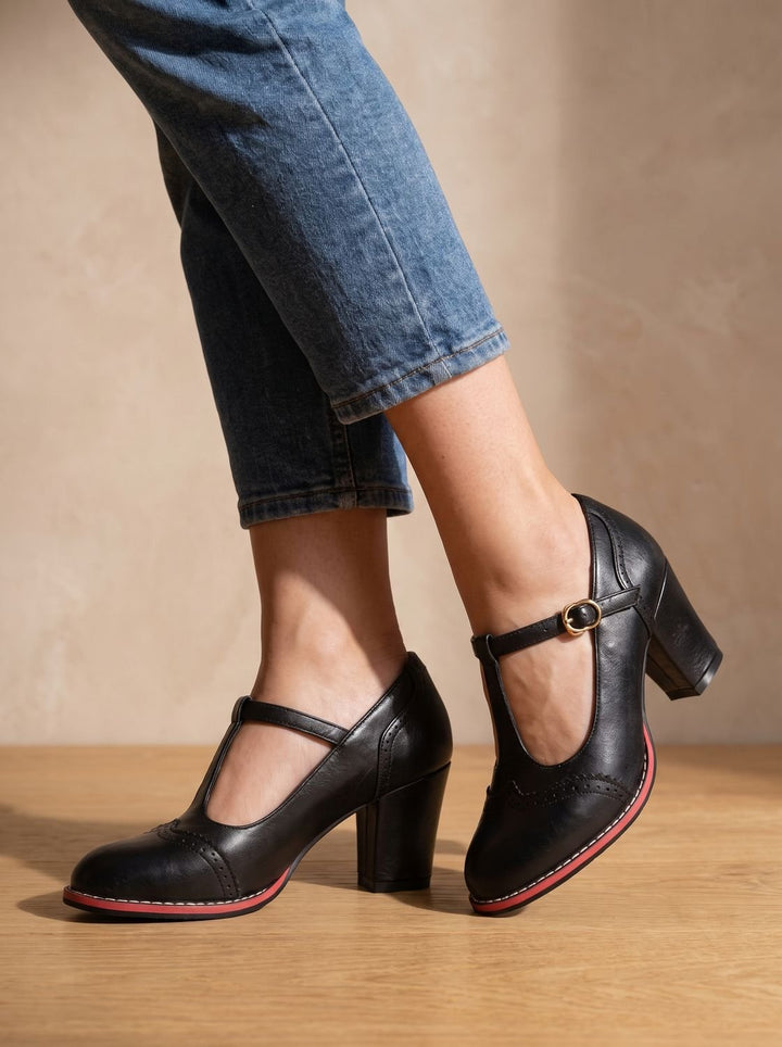 Leather Flats Women's T-Bar Brogue Pumps in Black 2