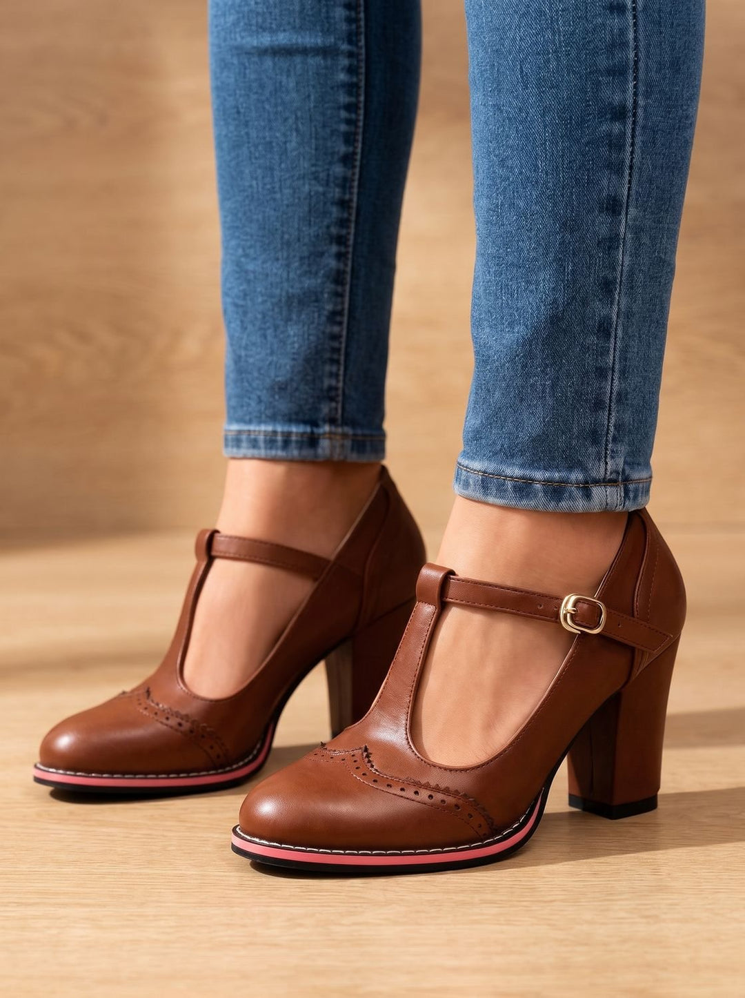 Leather Flats Women's T-Bar Brogue Pumps in Brown