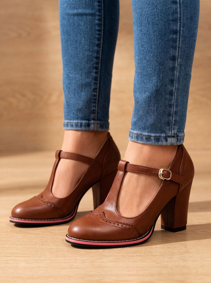 Leather Flats Women's T-Bar Brogue Pumps in Brown