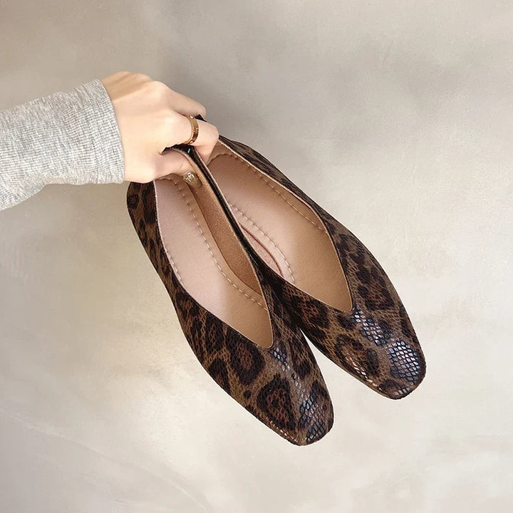 Leopard Print Women's Leather Flats in Dark Brown 1