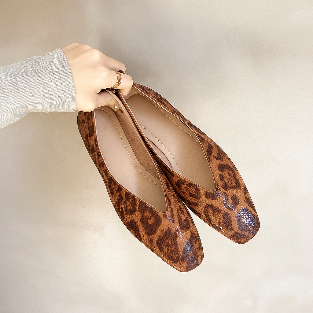 Leopard Print Women's Leather Flats in Dark Brown 2
