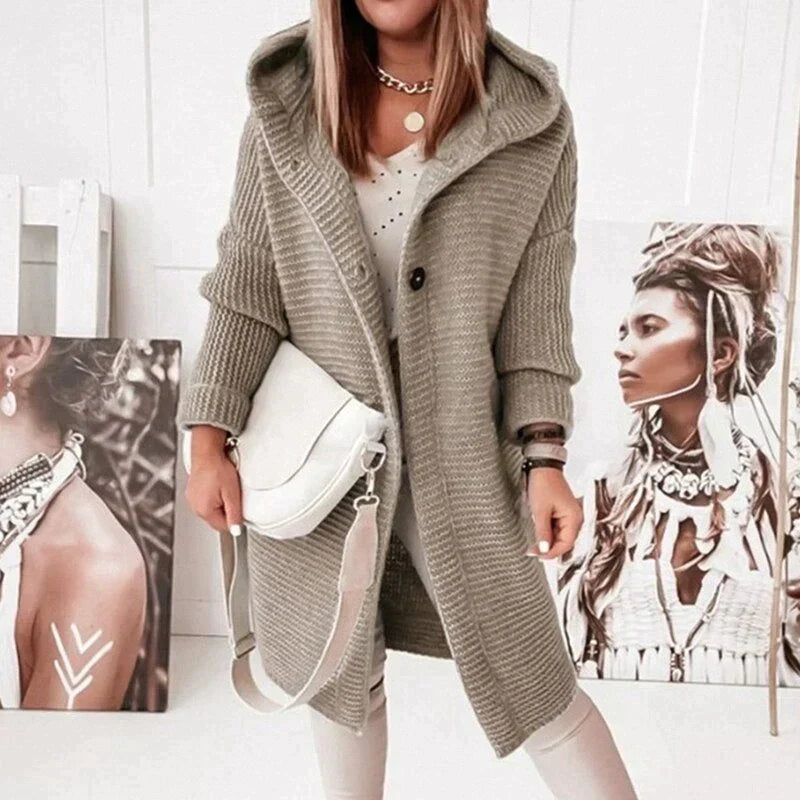 Long Cardigan for Women with Warm Hood in Beige 1