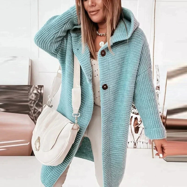 Long Cardigan for Women with Warm Hood in Blue