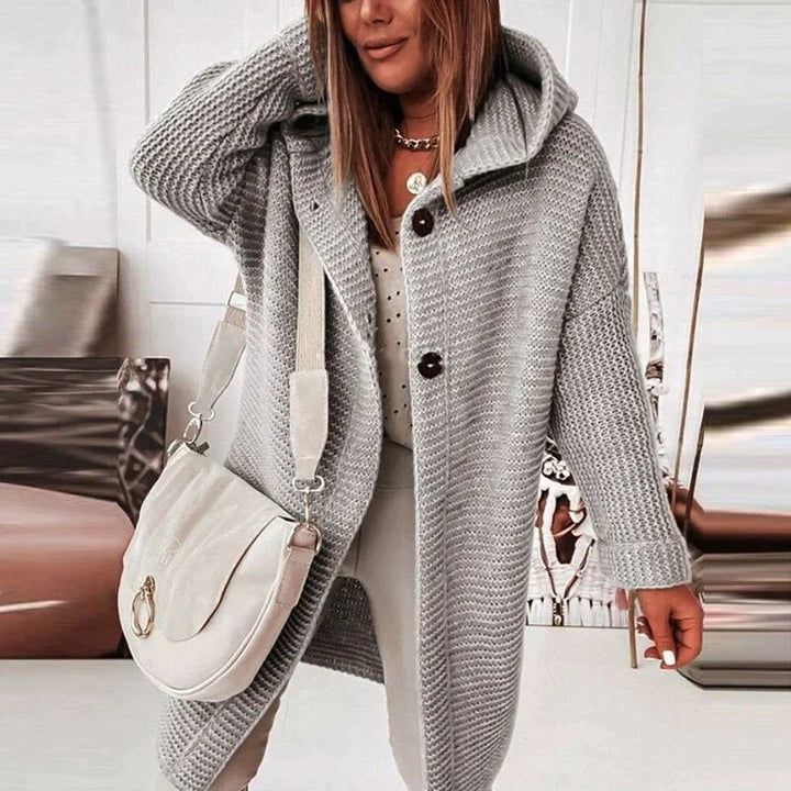 Long Cardigan for Women with Warm Hood in Grey