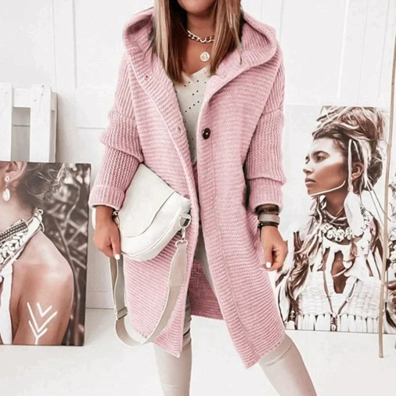 Long Cardigan for Women with Warm Hood in Pink 1