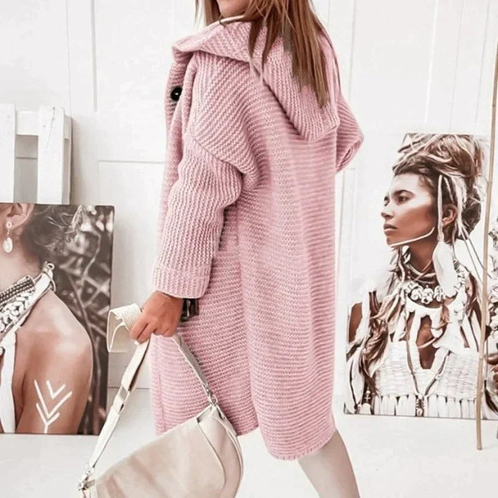 Long Cardigan for Women with Warm Hood in Pink 2
