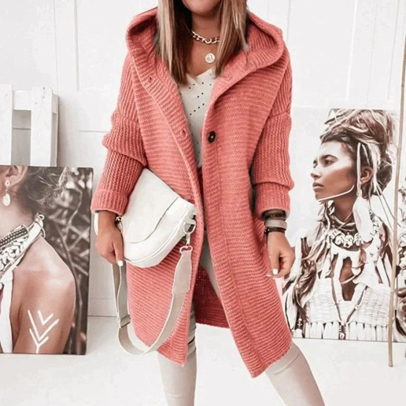 Long Cardigan for Women with Warm Hood in Red