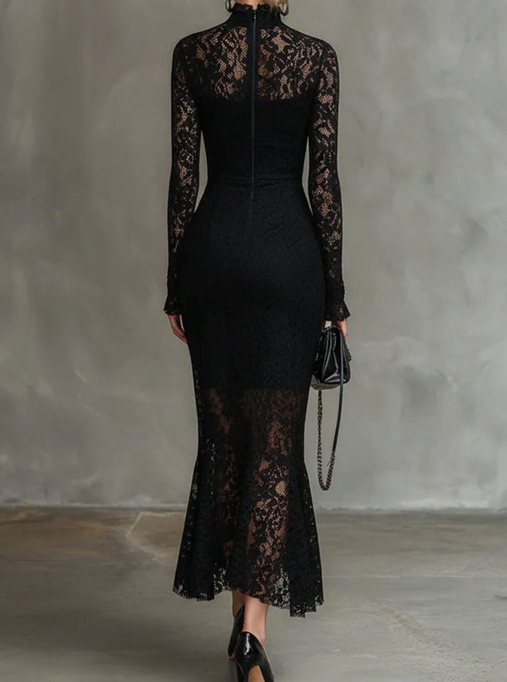 Long-Sleeve Lace Fall Wedding Guest Dress in Black 2