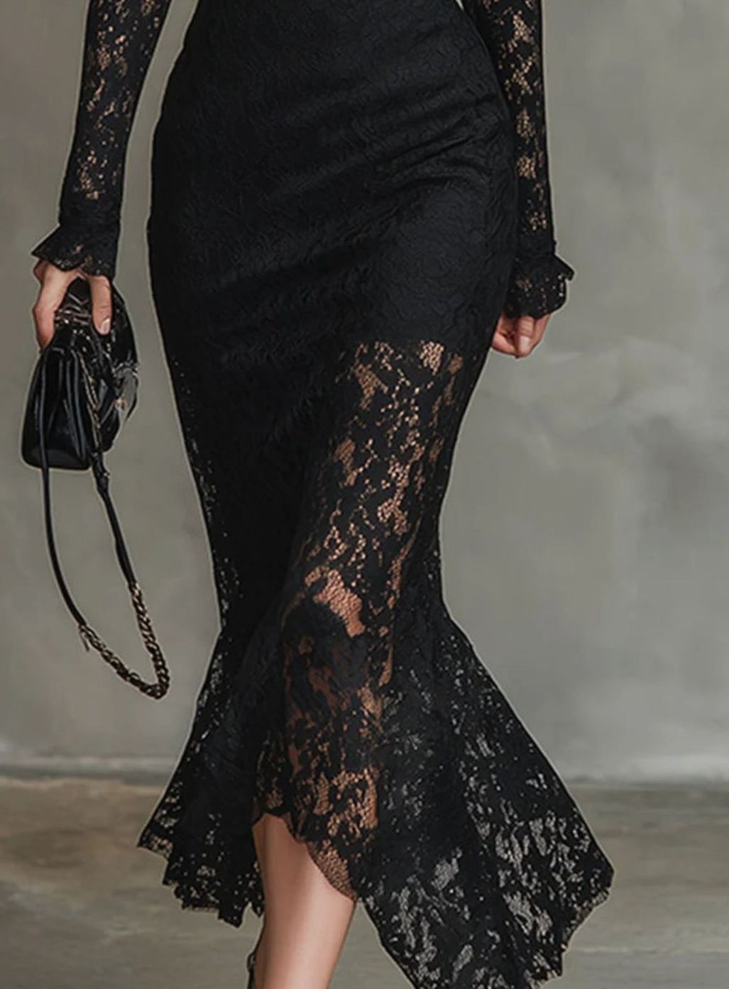 Long-Sleeve Lace Fall Wedding Guest Dress in Black 5