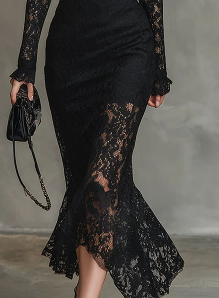 Long-Sleeve Lace Fall Wedding Guest Dress in Black 5