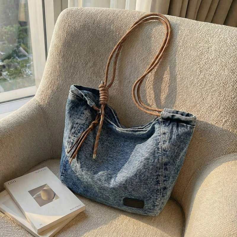 Washed Denim Boho Shoulder Bag