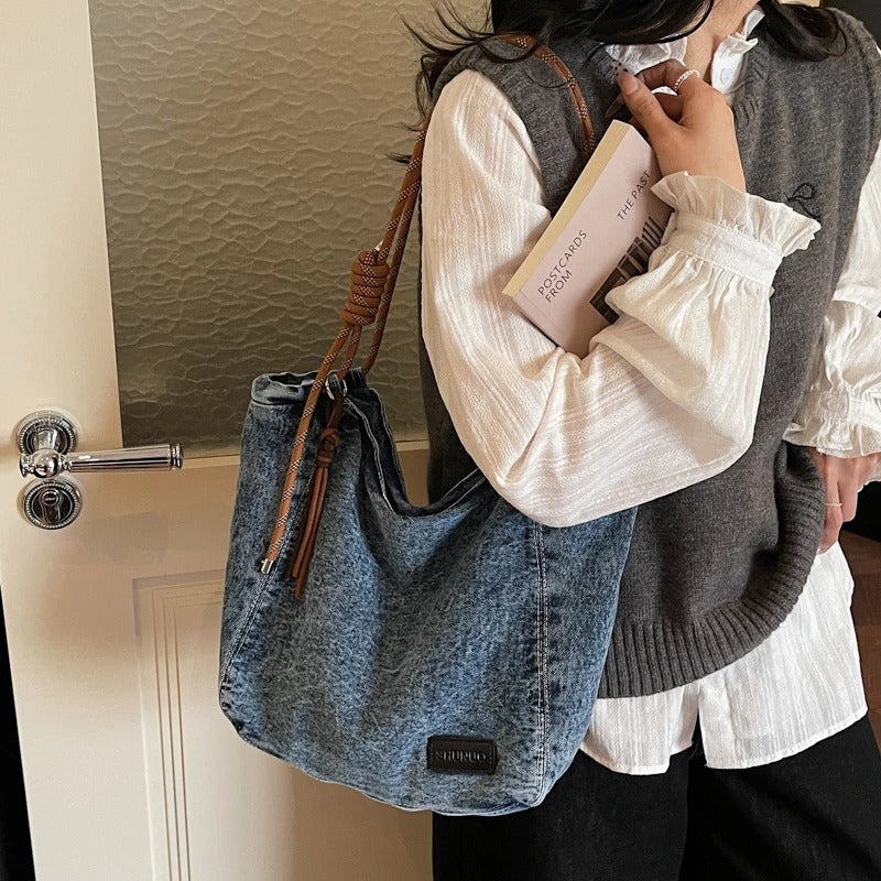 Washed Denim Boho Shoulder Bag
