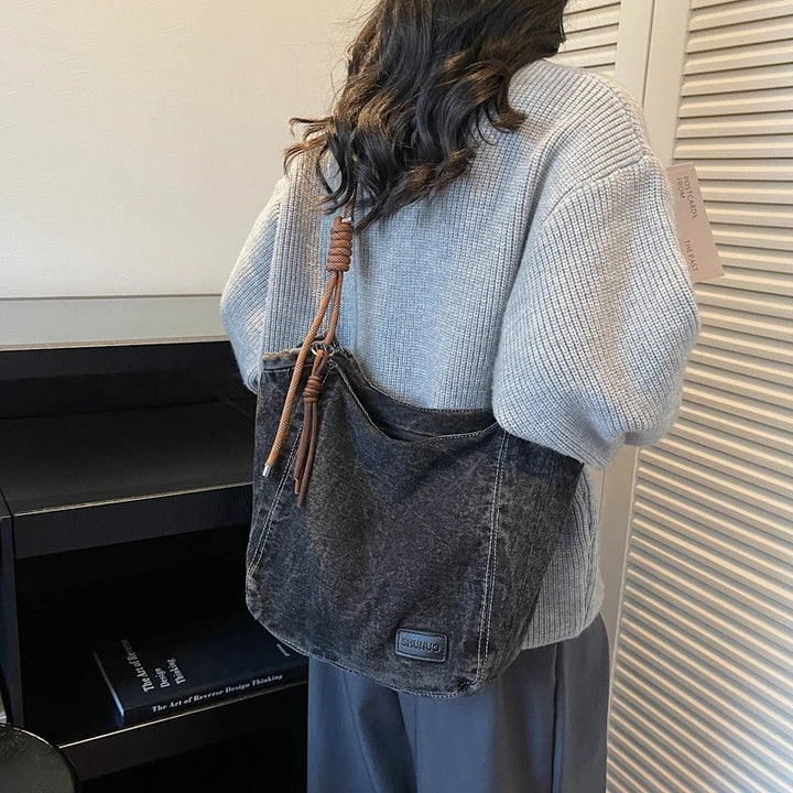 Washed Denim Boho Shoulder Bag