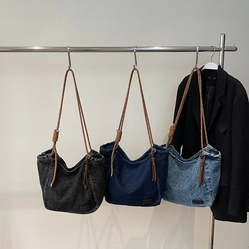 Washed Denim Boho Shoulder Bag