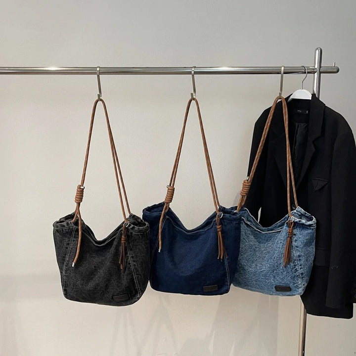 Washed Denim Boho Shoulder Bag