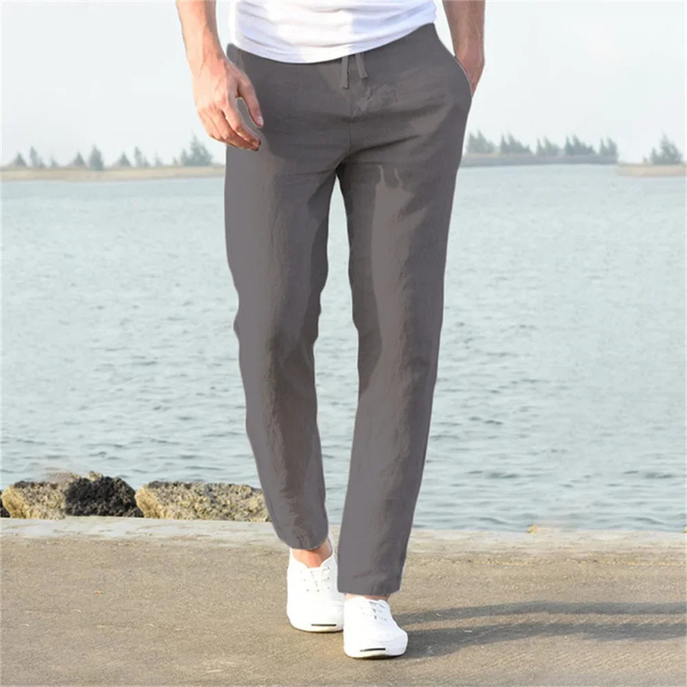 Men's Breathable Linen Pants for Fall in Grey