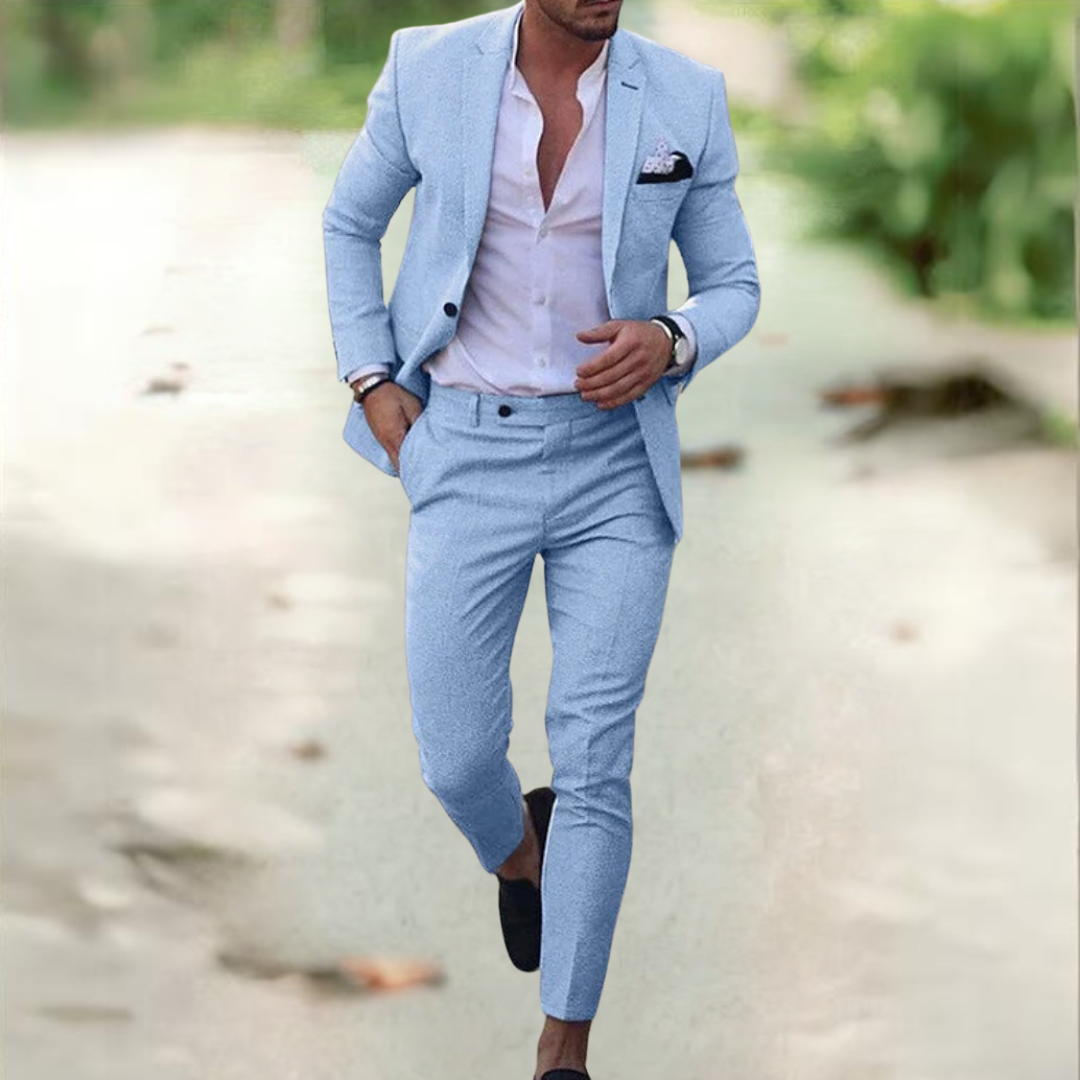 Men's Business Casual Hose and Jacket Set in Light Blue