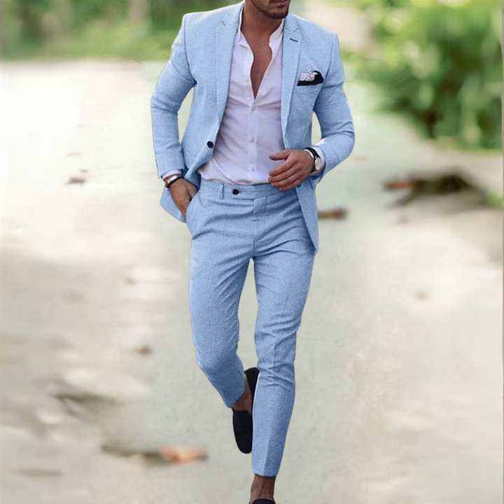 Men's Business Casual Hose and Jacket Set in Light Blue