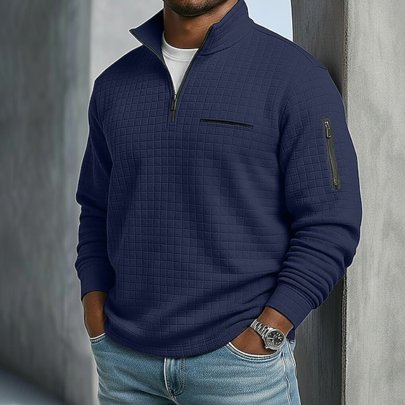 Mens Casual Long Sleeve Waffle Shirt in Navy Blue